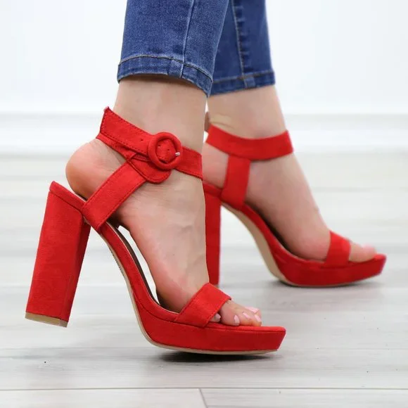 Faux Suede Red Platform Open Pointy Toe High Heels - Picture 6 of 14